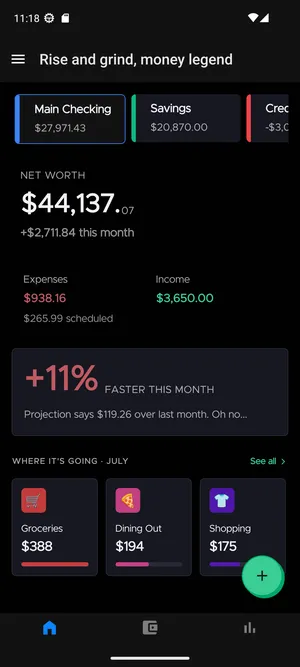 Accounts and net worth overview screen