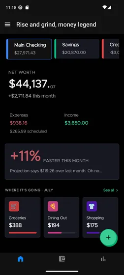 Cashzilla home screen showing accounts and net worth