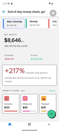 Cashzilla home screen showing accounts and net worth