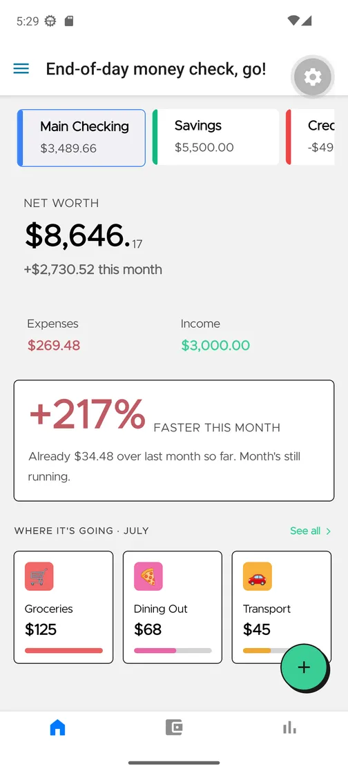 Cashzilla home screen showing accounts and net worth
