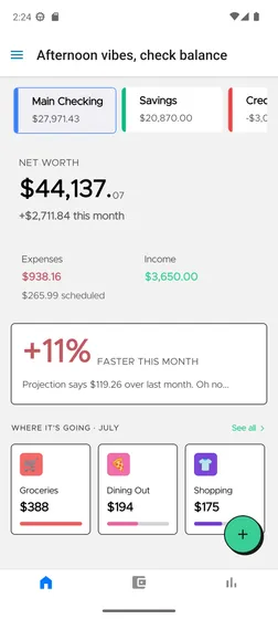 Cashzilla home screen showing accounts and net worth